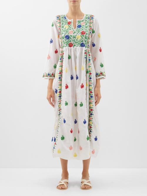 Muzungu Sisters - Floral-embroidered Silk Midi Dress - Womens - White Multi