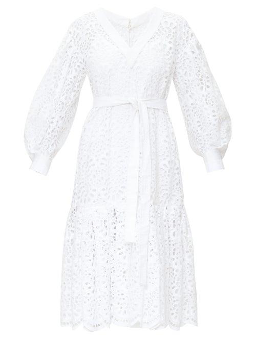 Matchesfashion.com Carolina Herrera - Broderie-anglais Tiered Poplin Dress - Womens - White