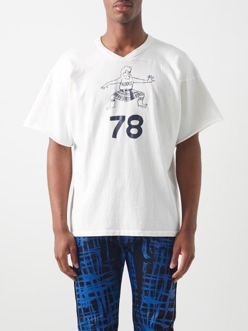 Erl - V-neck Kooks-print Cotton T-shirt - Mens - White