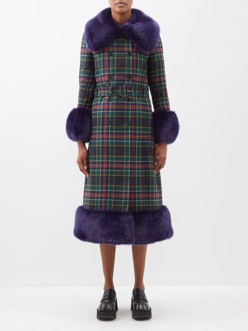 Shrimps - River Faux Fur-trim Wool-tartan Trench Coat - Womens - Navy