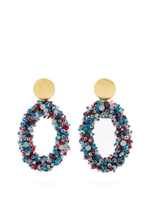 Matchesfashion.com Carolina Herrera - Bead Embellished Hoop Clip On Earrings - Womens - Blue
