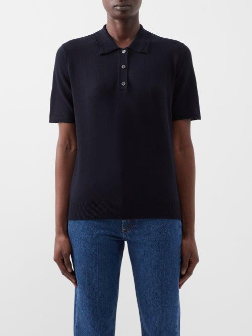 A.p.c. - Manel Knitted Cotton Polo Top - Womens - Dark Navy