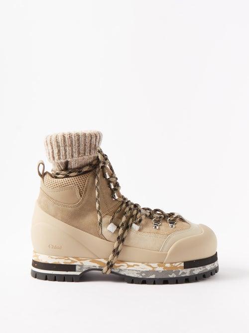 Chlo - Nikie Ribbed-cuff Nubuck Boots - Womens - Beige Multi