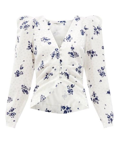 Matchesfashion.com Alessandra Rich - Rose-print Ruched-shoulder Silk Blouse - Womens - White Print