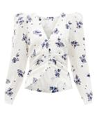 Matchesfashion.com Alessandra Rich - Rose-print Ruched-shoulder Silk Blouse - Womens - White Print
