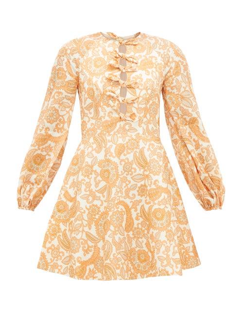 Matchesfashion.com Zimmermann - Peggy Bow-front Floral-print Linen Dress - Womens - Orange Print