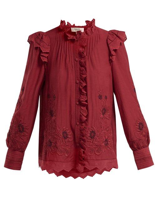 Matchesfashion.com Sea - Greta Floral Embroidered Cotton Blend Blouse - Womens - Red