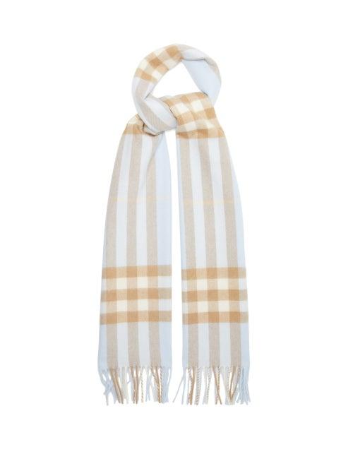 Burberry - Giant-check Fringed Cashmere Scarf - Womens - Pale Blue