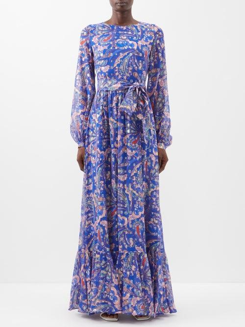 Borgo De Nor - Dianora Paisley-print Chiffon Maxi Dress - Womens - Blue Print