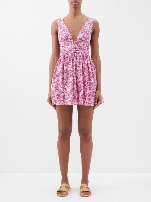 Matteau - Plunge-front Floral-cotton Mini Dress - Womens - Pink Print