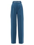 Matchesfashion.com Fendi - Topstitched Wool-gabardine Wide-leg Trousers - Womens - Blue Multi
