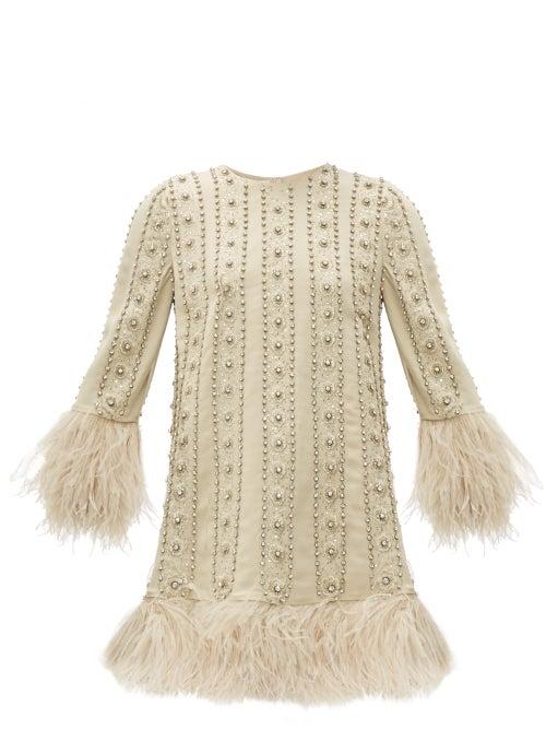 Matchesfashion.com Valentino - Crystal & Feather Embroidered Silk Crepe Dress - Womens - Ivory Multi