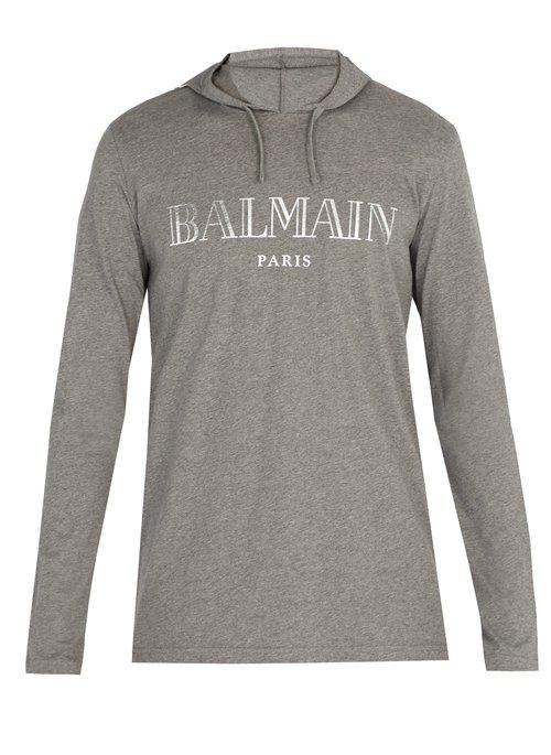 Matchesfashion.com Balmain - Logo Print Hooded Sweatshirt - Mens - Grey