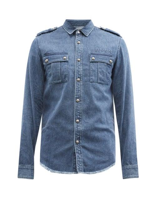 Mens Rtw Balmain - Embossed-logo Denim Shirt - Mens - Blue