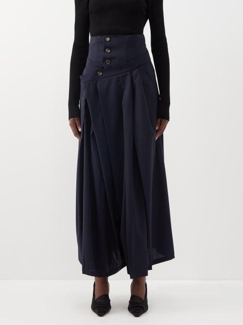 A.w.a.k.e. Mode - Hakama Wool Wide-leg Trousers - Womens - Navy