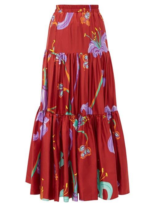 Matchesfashion.com La Doublej - Big Skirt Maneater Rosso Print Silk Twill Skirt - Womens - Burgundy Multi