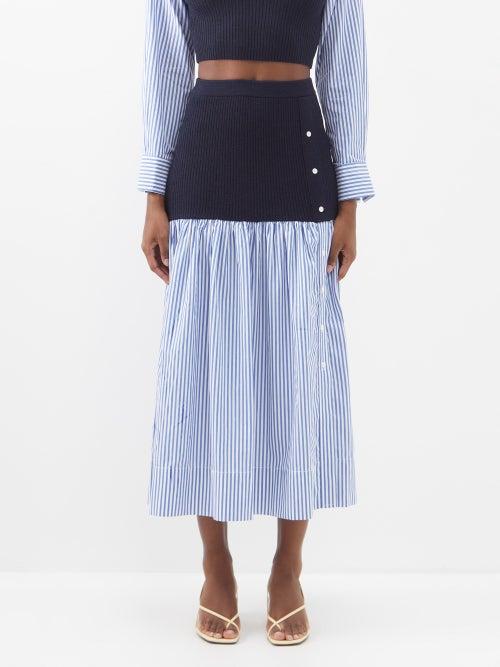 Staud - Miley Merino And Striped Cotton Midi Skirt - Womens - Blue Multi