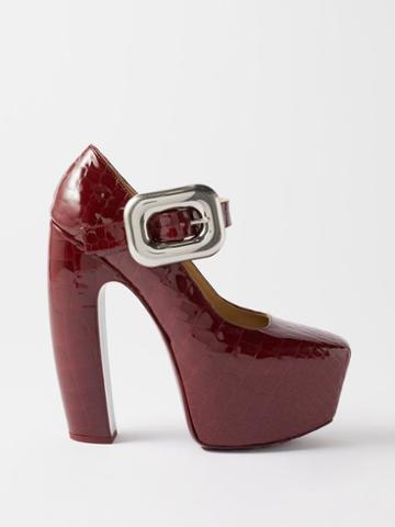 Bottega Veneta - Mostra Croc-effect Leather Platform Pumps - Womens - Burgundy