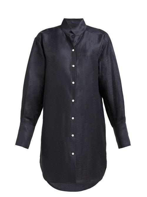 Matchesfashion.com Frame - Stand Collar Linen Blend Shirtdress - Womens - Navy