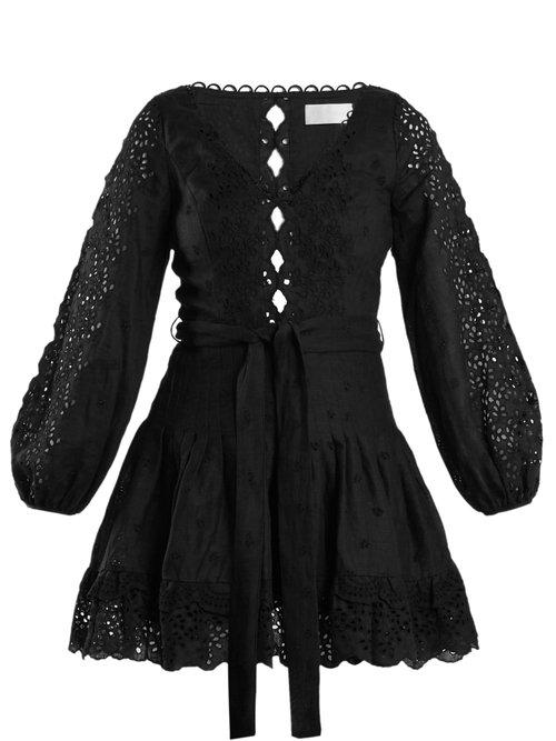 Matchesfashion.com Zimmermann - Helm Wide Leg Broderie Anglaise Linen Dress - Womens - Black