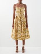 Rhode - Katrina Floral Cotton-poplin Midi Dress - Womens - Gold Multi