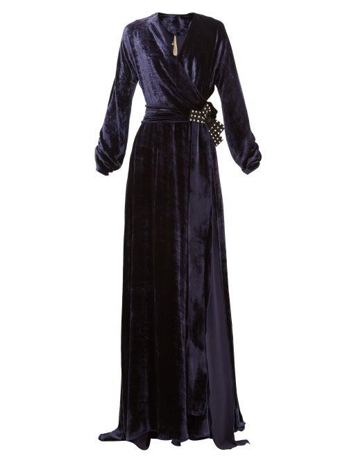 Matchesfashion.com Maria Lucia Hohan - Kamelia Polka Dot Bow Velvet Wrap Dress - Womens - Navy