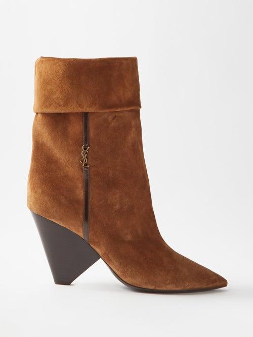 Saint Laurent - Niki 85 Cone-heel Suede Boots - Womens - Brown