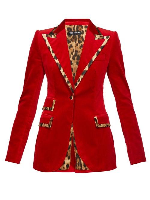Matchesfashion.com Dolce & Gabbana - Leopard Print Trim Single Breasted Velvet Blazer - Womens - Red
