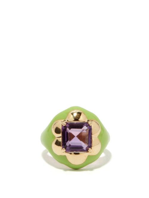 Matchesfashion.com Bea Bongiasca - Floral Disco Amethyst, 9kt Gold & Enamel Ring - Womens - Green Multi