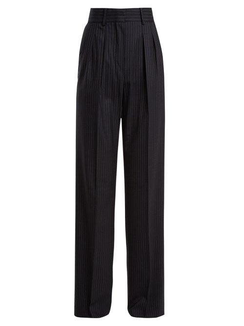 Matchesfashion.com Max Mara - Wide Leg Pleated Wool Trousers - Womens - Navy Stripe