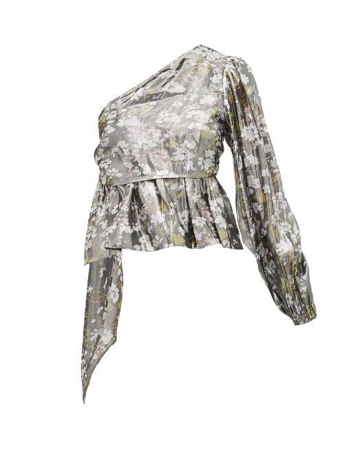 Matchesfashion.com Ganni - Metallic Floral Print One Shoulder Blouse - Womens - Silver