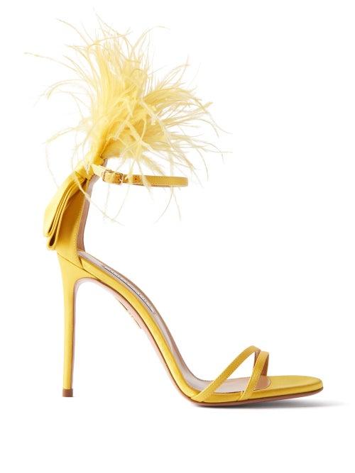 Aquazzura - Concerto Feather-trimmed Satin Sandals - Womens - Orange