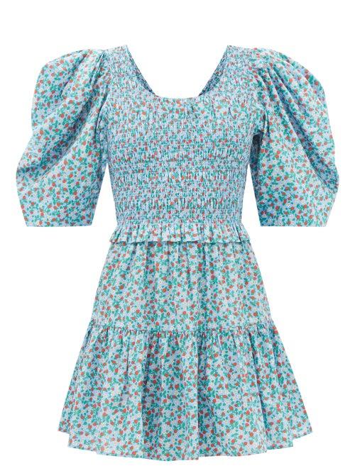 Sea - Lilly Smocked Floral-print Cotton Dress - Womens - Blue Multi