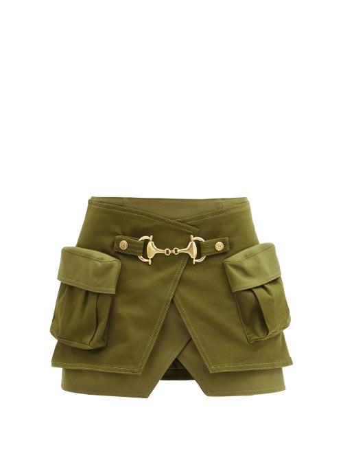 Matchesfashion.com Balmain - Horsebit Cotton-blend And Wool-panel Wrap Skirt - Womens - Khaki