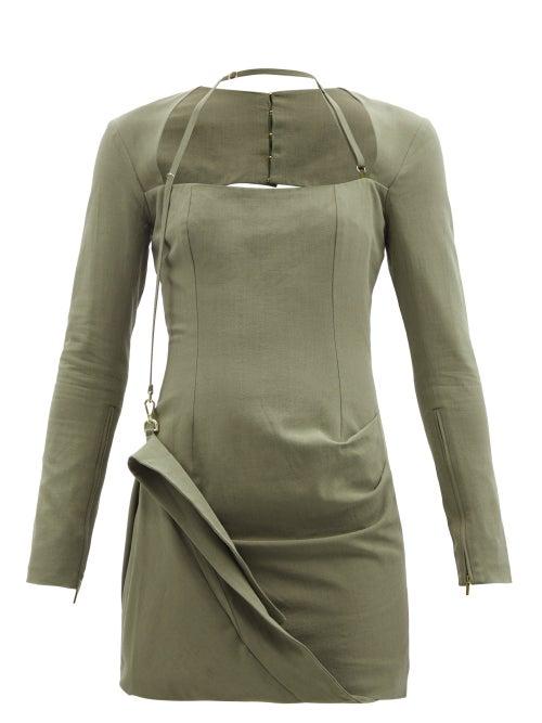 Jacquemus - Esca Draped Slubbed-canvas Mini Dress - Womens - Khaki