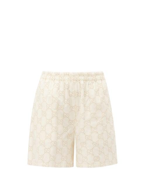 Matchesfashion.com Gucci - Gg Broderie Anglaise Cotton Blend Shorts - Womens - White Gold