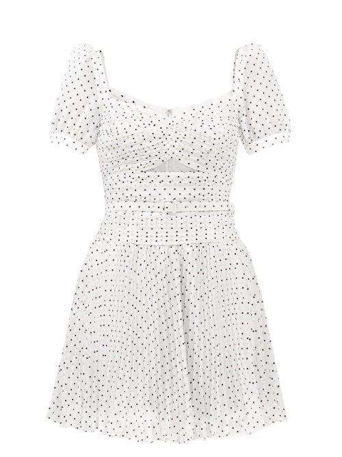 Self-portrait - Flocked Polka-dot Gathered-chiffon Mini Dress - Womens - White Black