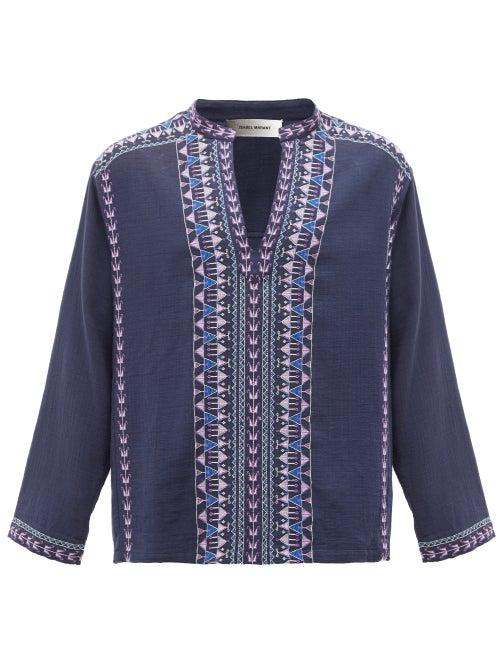 Matchesfashion.com Isabel Marant - Ikariah Embroidered Notch-neck Shirt - Mens - Dark Blue