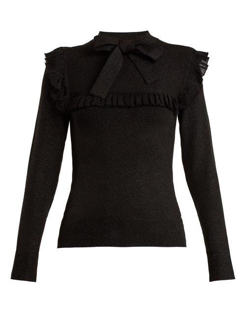Matchesfashion.com Joostricot - Ruffle Trimmed Tie Neck Stretch Knit Sweater - Womens - Black