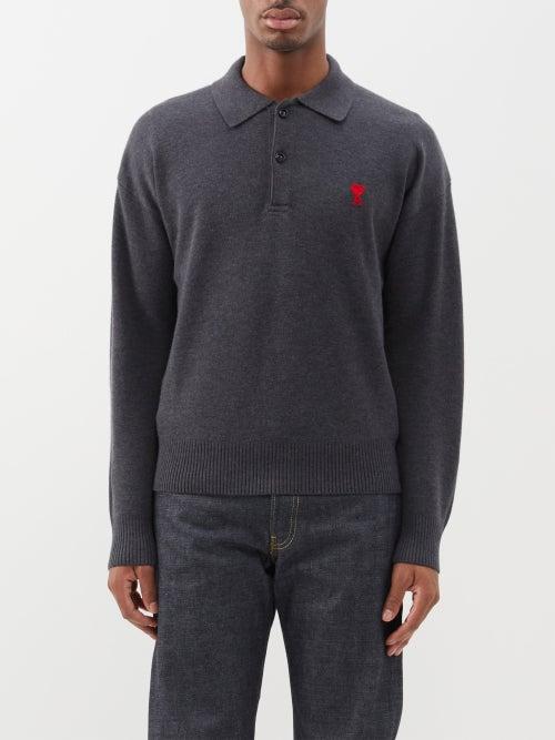 Ami - Ami De Caur-logo Wool Long-sleeved Polo Shirt - Mens - Grey
