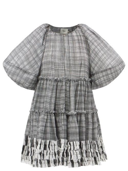 Aje - Memento Puff-sleeve Check Voile Mini Dress - Womens - Grey Multi