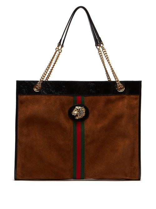 Matchesfashion.com Gucci - Tiger Embellished Web Striped Suede Tote Bag - Womens - Tan