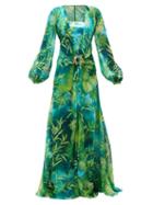 Matchesfashion.com Versace - Jungle-print Plunge-neck Silk-chiffon Dress - Womens - Green Print