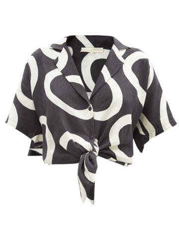 Cala De La Cruz - Marcy Ring-print Cropped Linen Shirt - Womens - Black White