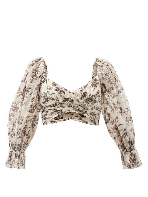 Matchesfashion.com Zimmermann - Bird-print Balloon-sleeve Pleated Cropped Top - Womens - Blue Print