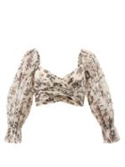 Matchesfashion.com Zimmermann - Bird-print Balloon-sleeve Pleated Cropped Top - Womens - Blue Print
