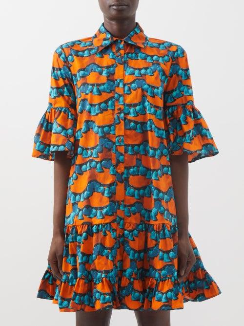 La Doublej - Choux Printed Cotton-poplin Mini Dress - Womens - Orange Print