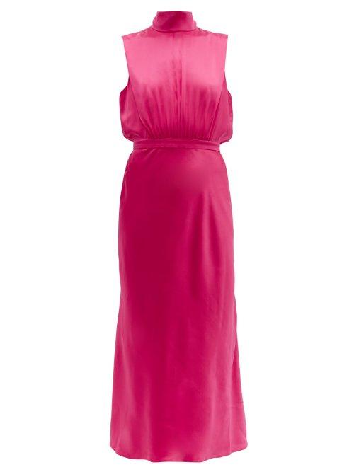 Matchesfashion.com Saloni - Fleur High Neck Silk Satin Midi Dress - Womens - Pink