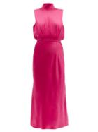 Matchesfashion.com Saloni - Fleur High Neck Silk Satin Midi Dress - Womens - Pink