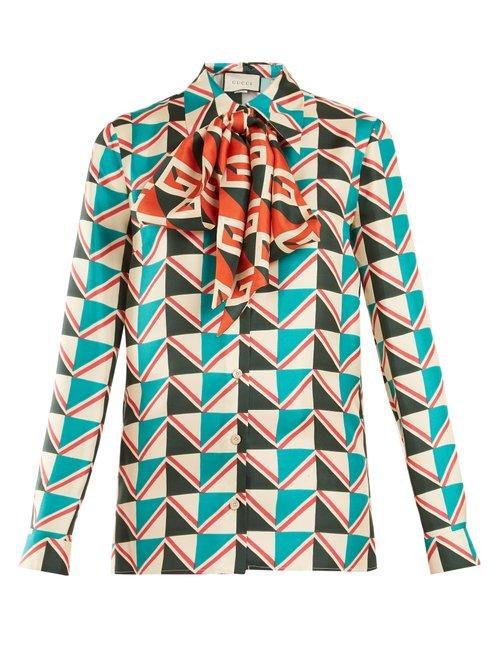 Matchesfashion.com Gucci - Chevron Print Silk Twill Shirt - Womens - Blue Print